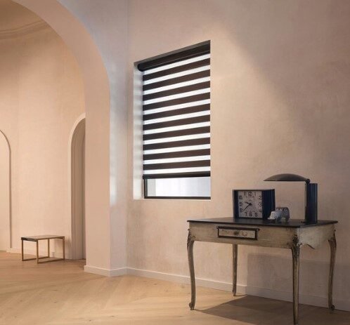 Contemporary double roller shades installed on a window, offering adjustable light control and privacy with alternating sheer and opaque fabric panels.