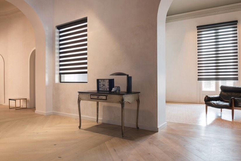 Contemporary double roller shades installed on a window, offering adjustable light control and privacy with alternating sheer and opaque fabric panels.