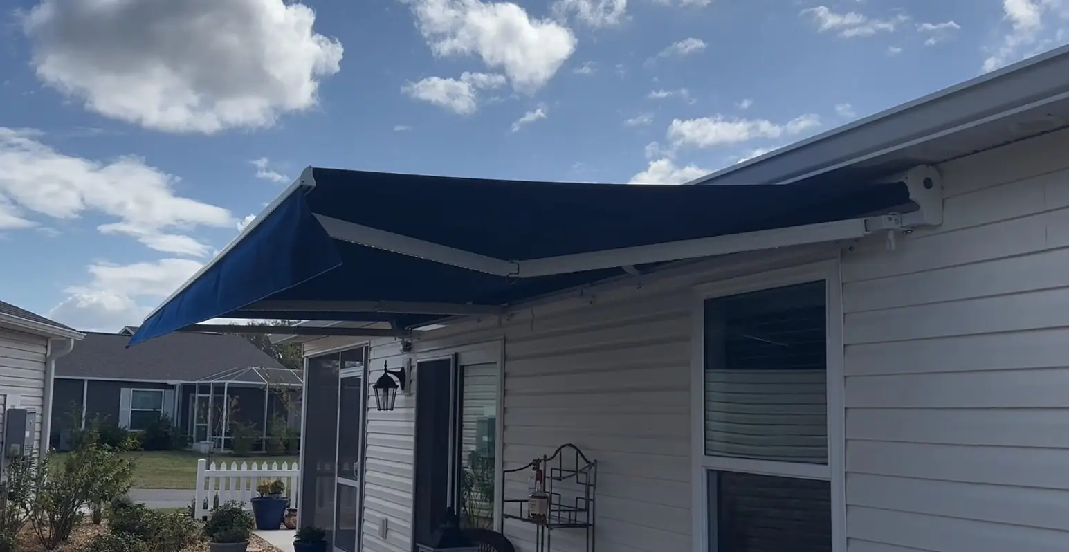 Motorized awning providing a stylish and effortless shade solution for your outdoor space.
