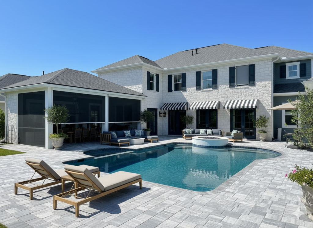 Outdoor patio with motorized screen, motorized awning and colonial shutters