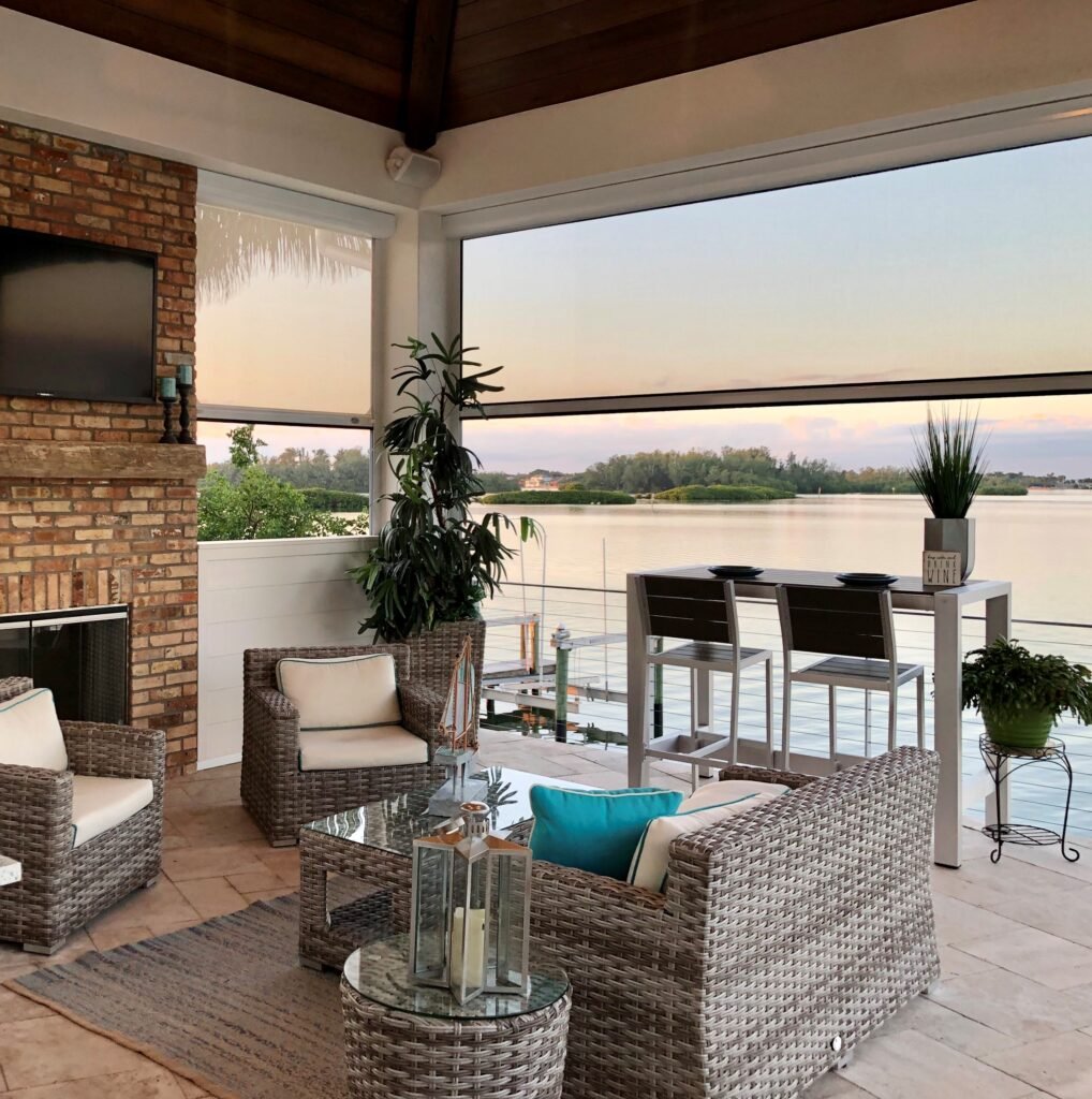 Motorized MagnaTrack solar screen with privacy and remote control and home automation