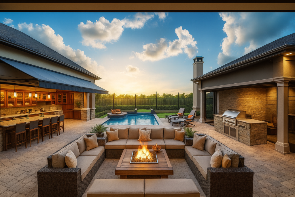 Luxury outdoor living space featuring a custom sectional lounge with firepit, motorized awning, pool, and outdoor kitchen at sunset.
