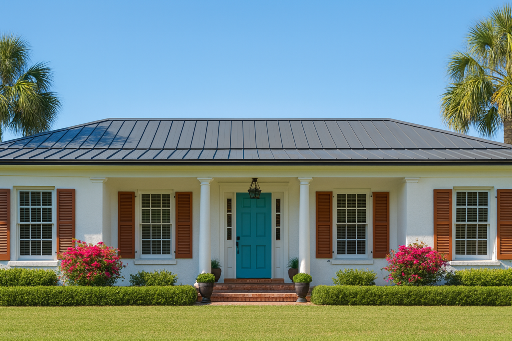 Elegant home with custom Colonial shutters providing timeless style, durability, and protection.