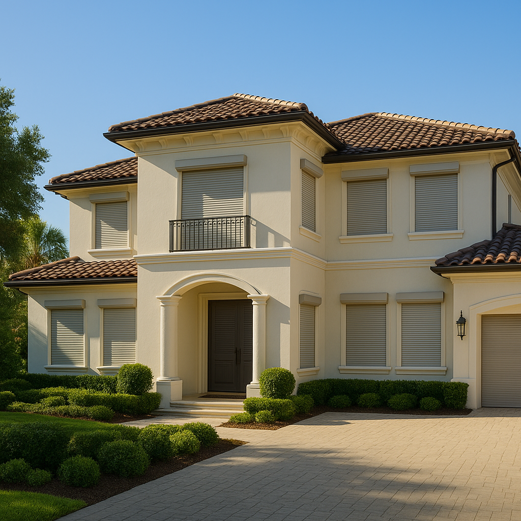 Luxury Mediterranean-style home with motorized roll-down security shutters on all windows, providing safety and modern elegance.