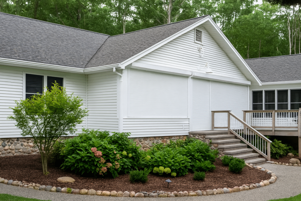 Alutech motorized security shutters on a white residential home providing privacy, energy efficiency, and modern protection with elegant curb appeal