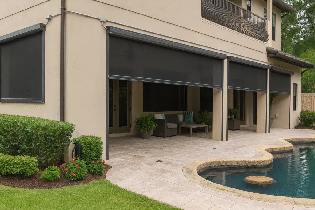 Luxury patio with Screen America motorized screens providing shade, privacy, and comfort beside a modern backyard pool.