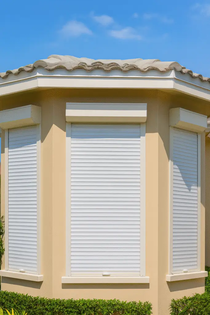 Screen America security shutters on a modern home providing privacy, energy efficiency, and sleek exterior protection with elegant design.