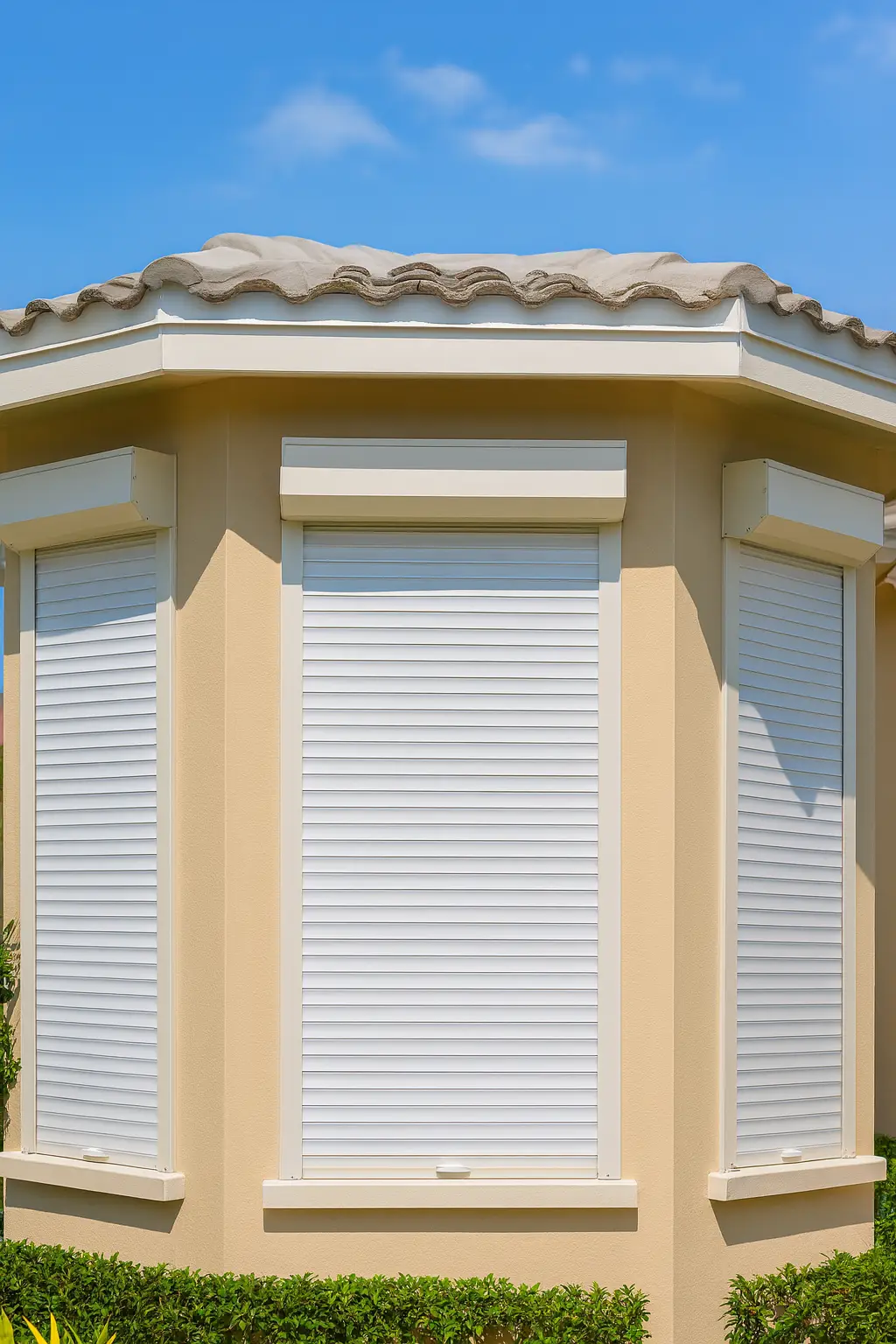 Screen America security shutters on a modern home providing privacy, energy efficiency, and sleek exterior protection with elegant design.