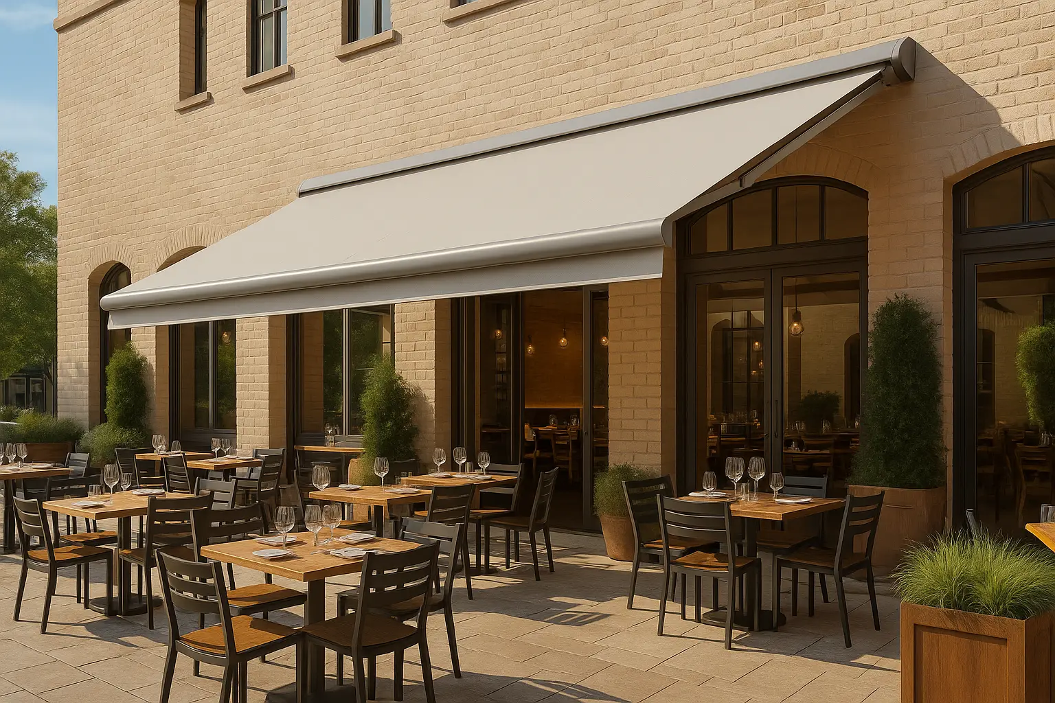 Fabric awning over restaurant entrance with bold branding, mounted above large windows and outdoor seating area.