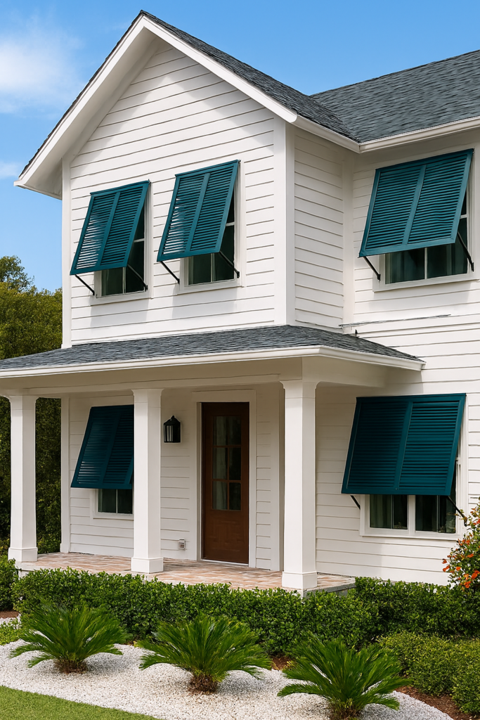 Coastal-style home featuring custom Bahama shutters for shade, privacy, and tropical architectural appeal.