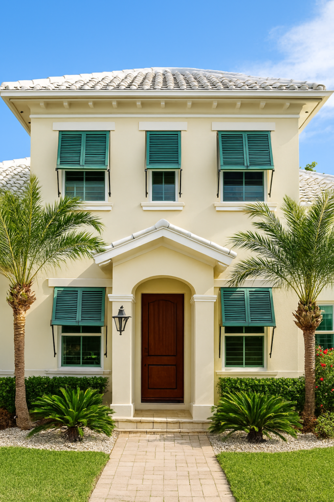 Contemporary coastal house with powder-coated Bahama shutters enhancing shade, ventilation, and exterior style.