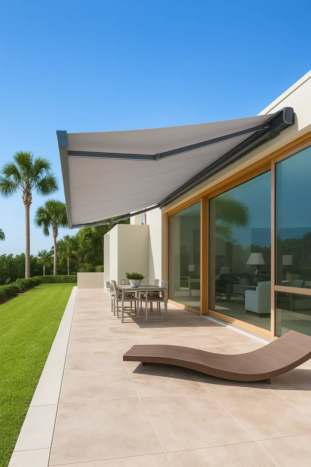 Motorized awning by KE Outdoor Design, extending sleek shade with quiet operation and modern European styling.