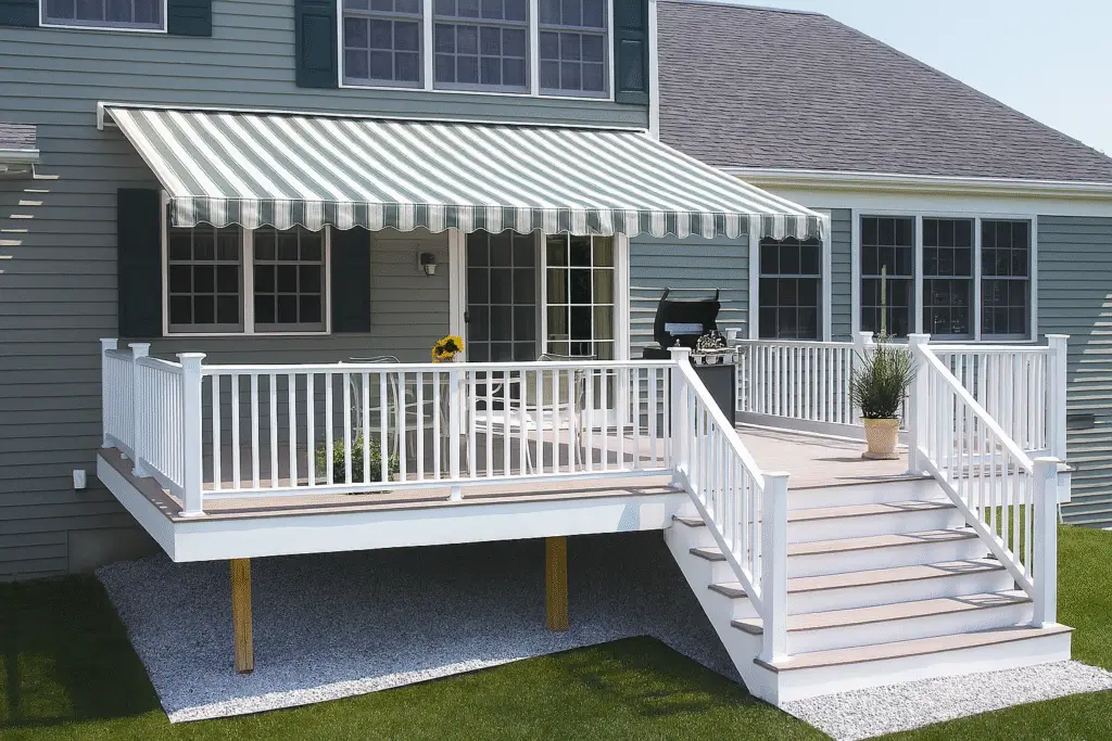 Green-and-white striped retractable awning over a white-railed deck with outdoor dining and grill setup.