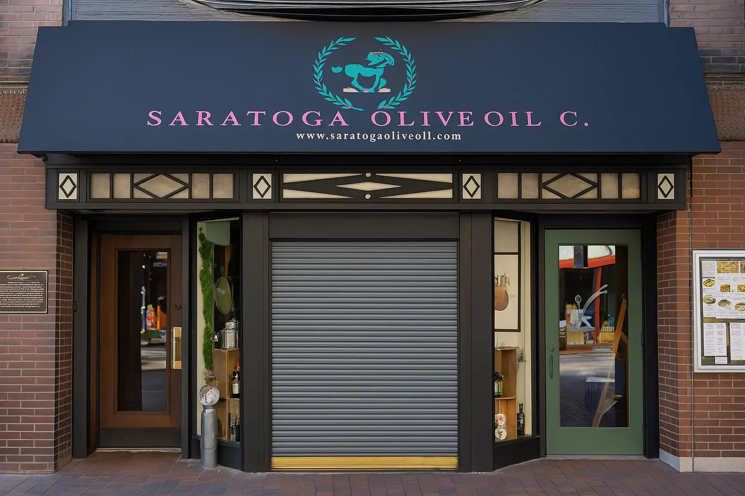 Black awning with bold pink “Saratoga Olive Oil Co.” lettering and turquoise horse logo above a brick storefront.