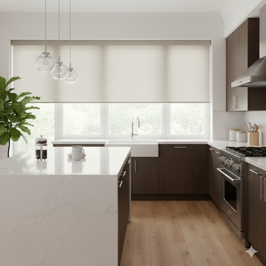 make a picture of a kitchen with Sheerweave 2701 shades