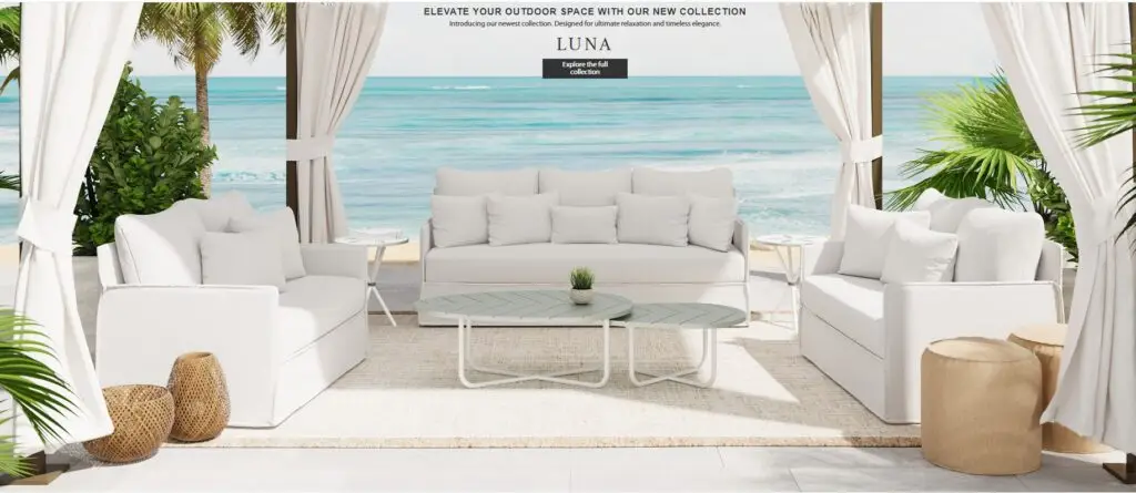 Outdoor furniture collection styled on a covered patio, featuring coordinated textures and inviting seating arrangements.