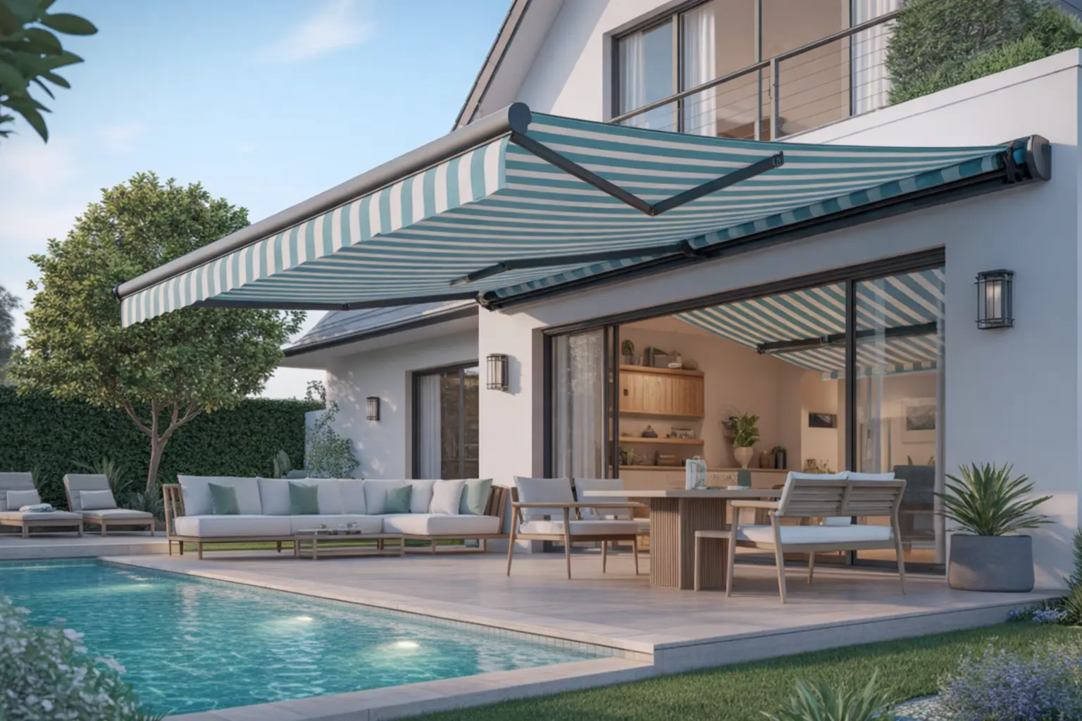 Retractable awning over outdoor pool seating area