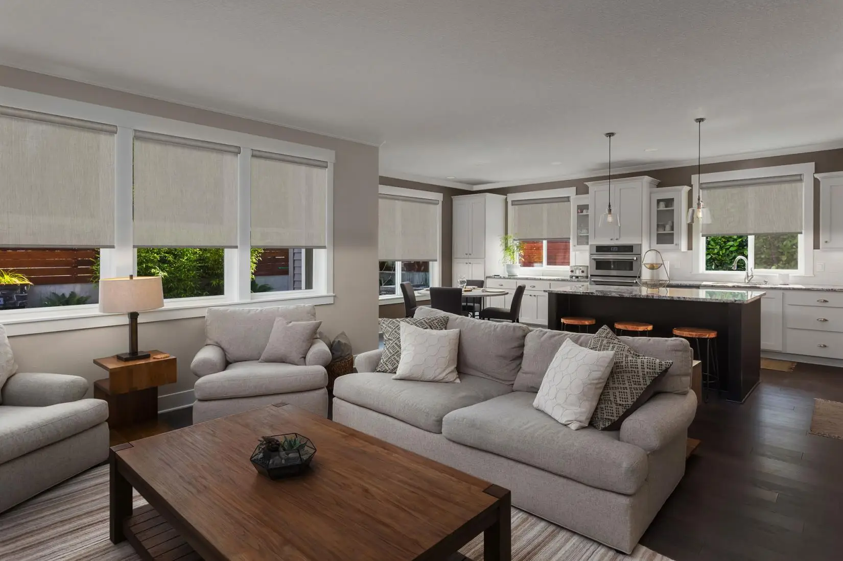 Custom roller shades in living room